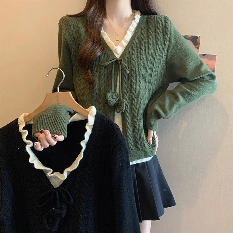 大码女装胖秋冬新款法式复古设计感针织衫小众系带拼接上衣