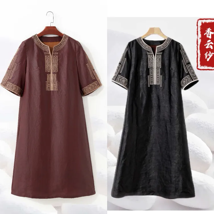 【100%桑蚕丝香云纱打籽绣龟纹连衣裙】民族风重工刺绣红云纱dz315