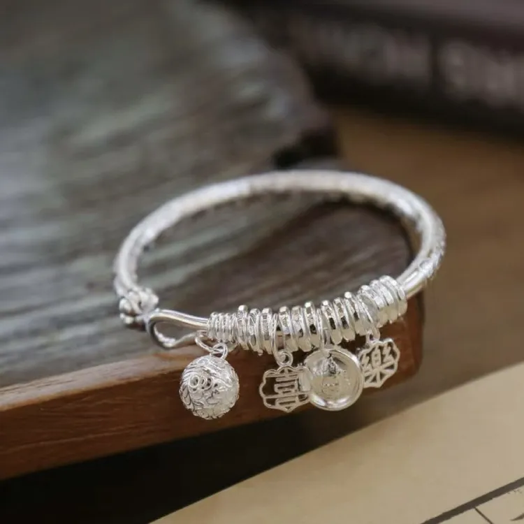 足银手镯 999纯银手镯吉言万贯盘缠纯手工送礼佳品百搭圈口可调节