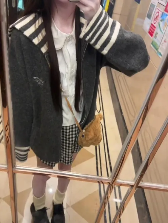 慵懒海军领灰色毛衣女条纹设计开衫外套秋季韩系学院风针织衫上衣