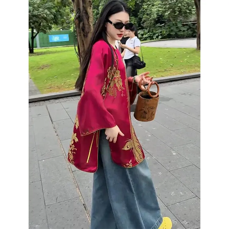 早秋新中式国风复古红色印花上衣女年轻款改良唐装高级感气质小衫