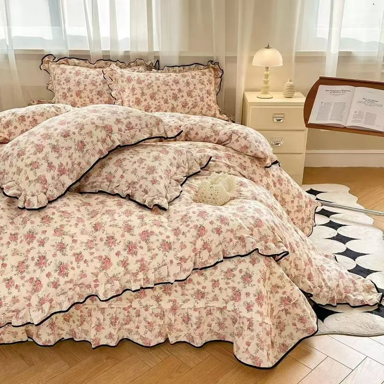 四季款法式小黑边木棉云感皱皱纱A版床盖款四件套