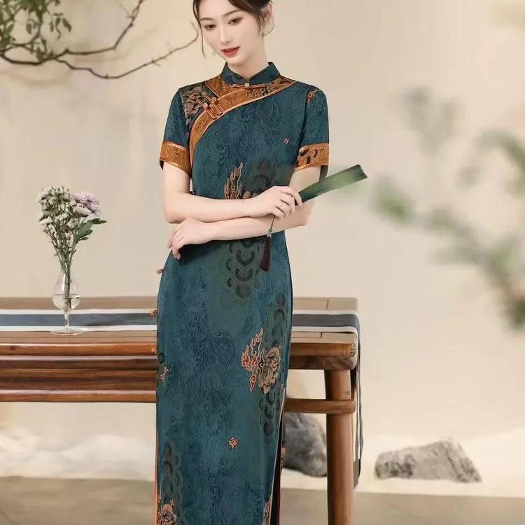 6080-QY新款旗袍贵夫人复古老上海气质长款日常显白显瘦旗袍