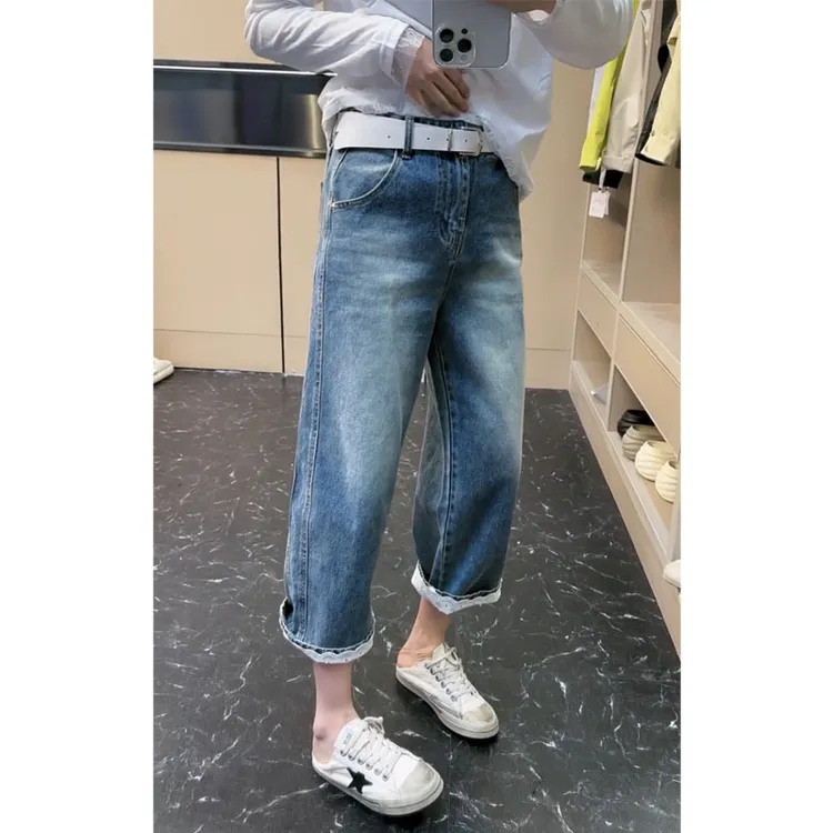 艾塔莉设计感蕾丝花边牛仔裤女夏季新款大码直筒裤高腰显瘦阔腿裤