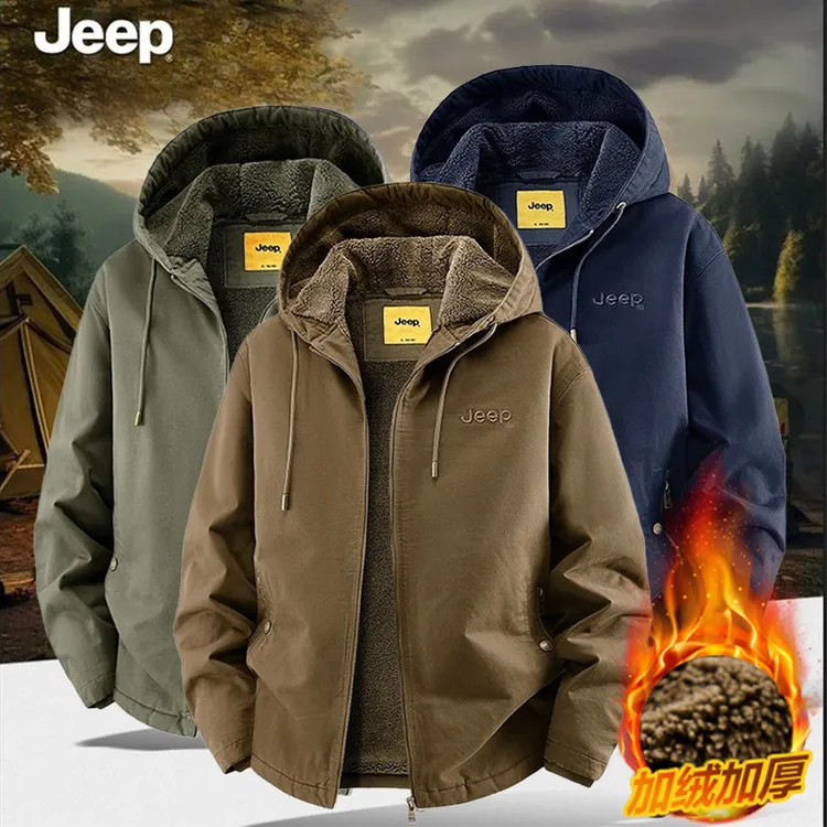 JEEP/吉普中年男士连帽棉衣2025新款羊羔绒外套加绒加厚防风保暖