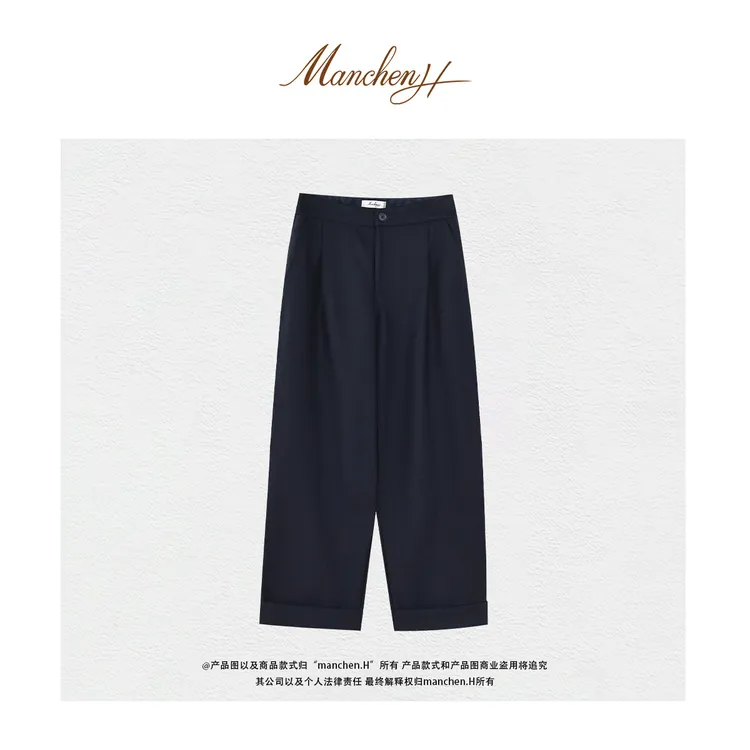 Manchenh"高阶精英羊毛裤"进口高密斜纹羊毛呢卷边九分裤（半松紧）