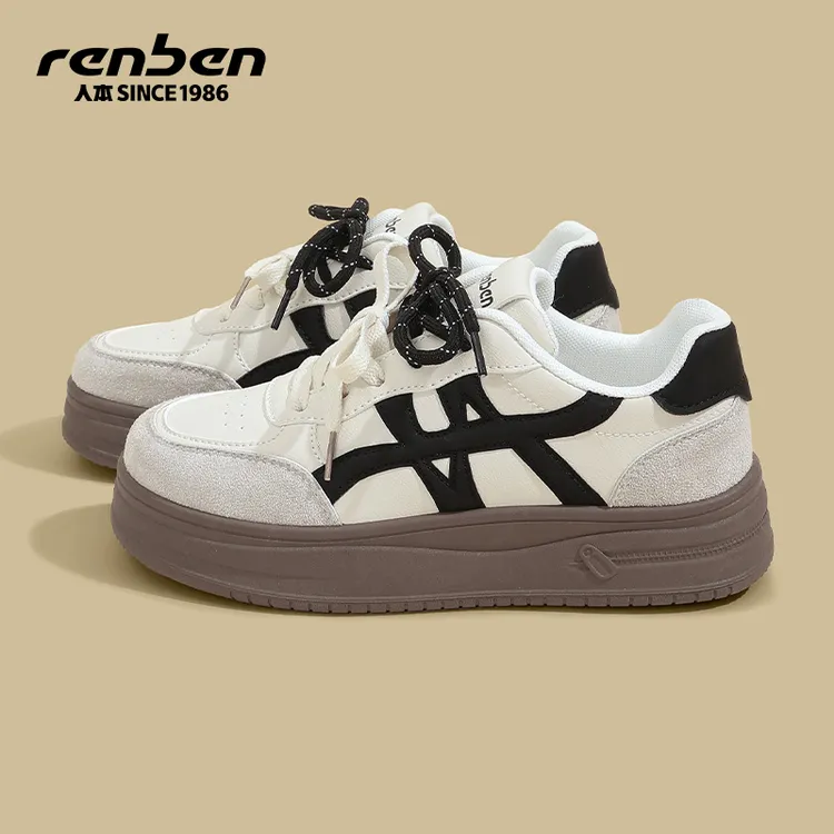 人本2025新款米色软底厚底百搭正品休闲鞋女款复古运动鞋ins风