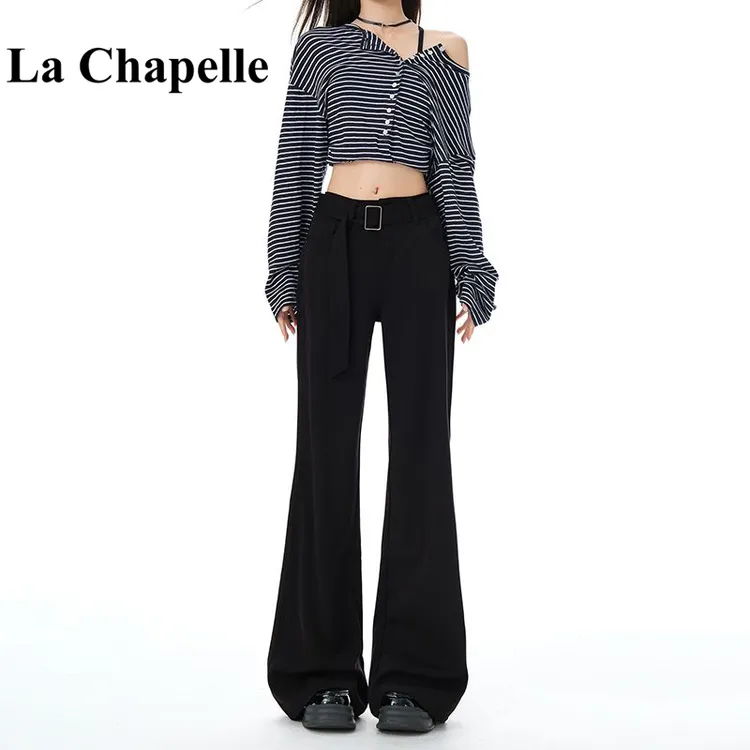 拉夏贝尔黑色微喇牛仔裤女秋季新款梨形身材小个子辣妹低腰喇叭裤