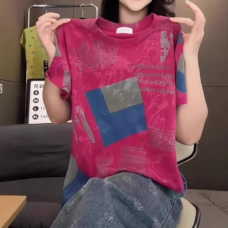 韩版圆领重工印花短袖T恤女2025夏季设计感小众休闲百搭上衣-5984
