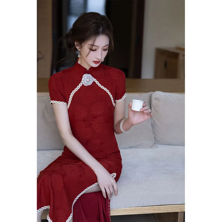 3154春夏季红色旗袍女连衣裙新中式改良回门新娘结婚敬酒礼服2025