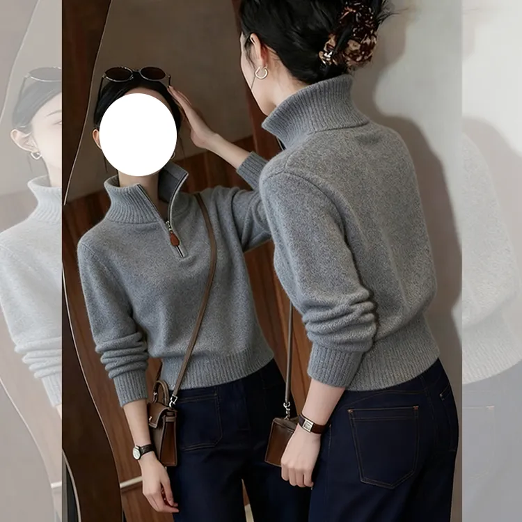 韩版休闲百搭高领半拉链针织毛衣女秋冬新款修身显瘦内搭短款上衣