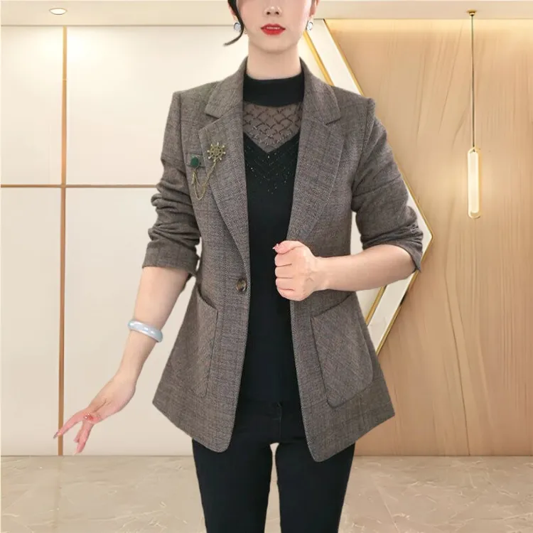 格子西装外套女2025年春装新款百搭大码干练小西服上衣