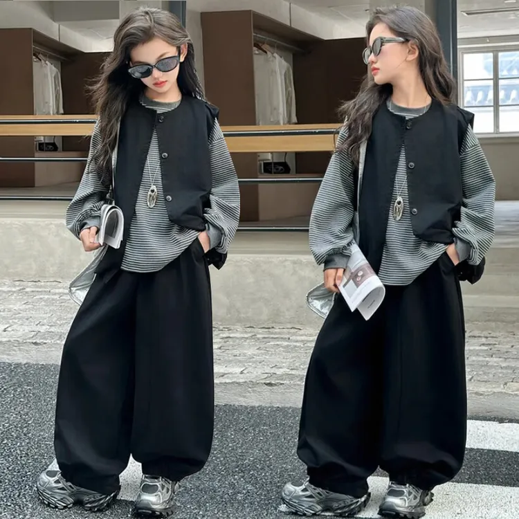 女童秋装套装2025新款网红韩版儿童姐弟装洋气女孩马甲休闲三件套