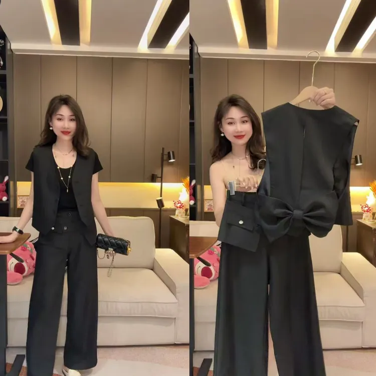 网红同款时尚套装女2025早秋新款设计感蝴蝶结马甲外套休闲阔腿裤