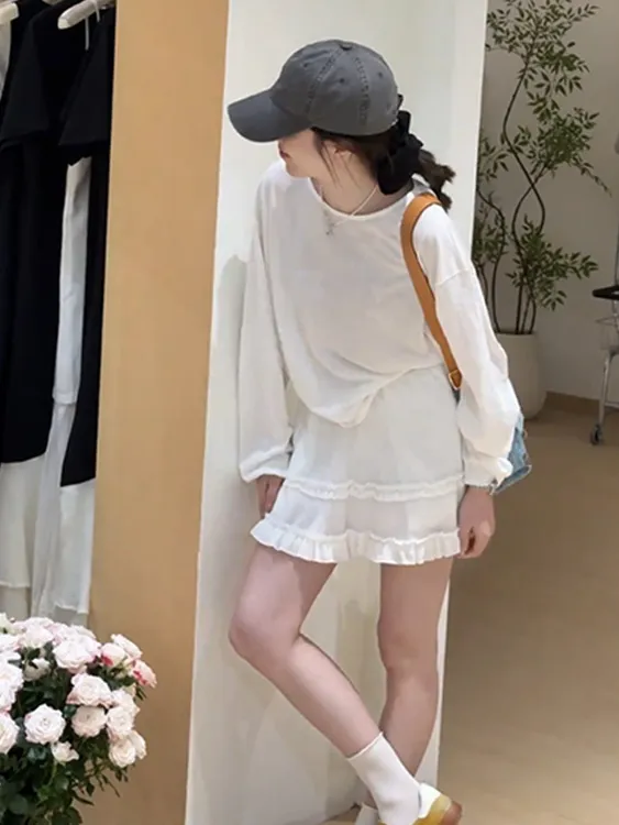 小个子显高炸街套装2025夏季新款慵懒气质长袖上衣木耳边短裙女装
