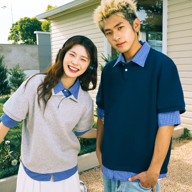 SOSTINE假两件格纹POLO衫 高级学院风短袖衬衫T恤