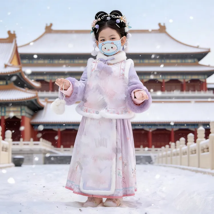 紫兔桃桃女童汉服冬季加绒裤子唐装2025新款新中式儿童套装冬加厚