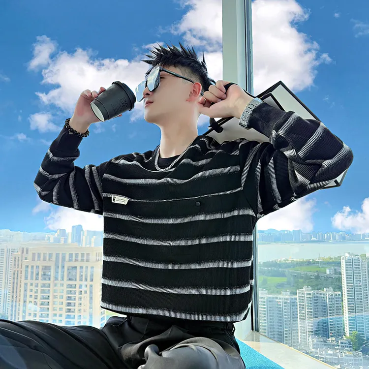 春秋秋冬长袖透气落肩袖上衣条纹秋装秋季宽松卫衣