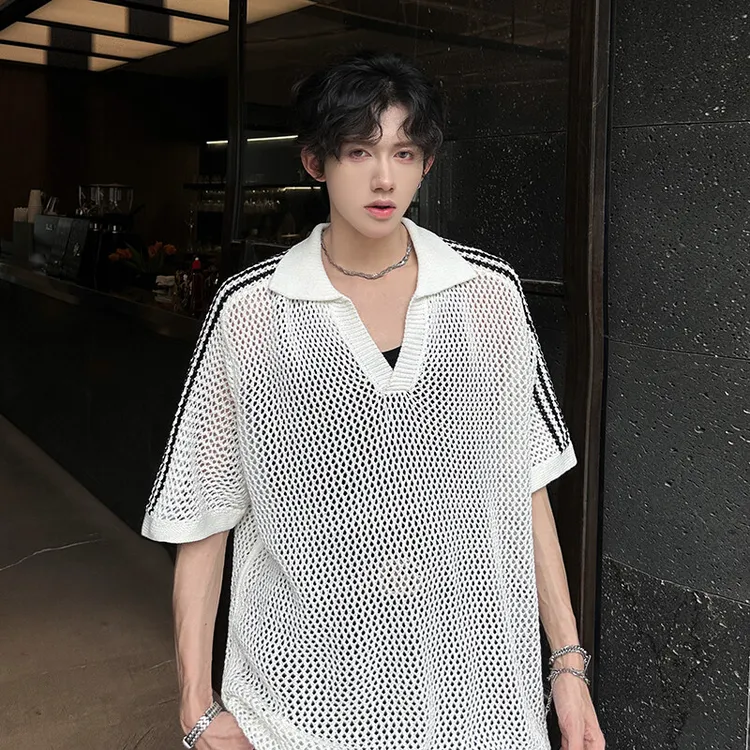 美式复古镂空针织短袖T恤男夏季三条杠设计感宽松透气Polo衫上衣