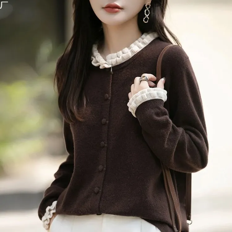 正品撤柜剪标羊毛衫法式小香风木耳边针织衫开衫秋冬新款毛衣外套
