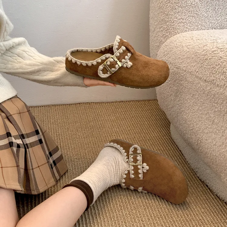 爆款厚底内增高包头拖鞋女外穿2025新款秋冬加绒复古勃肯鞋半拖鞋