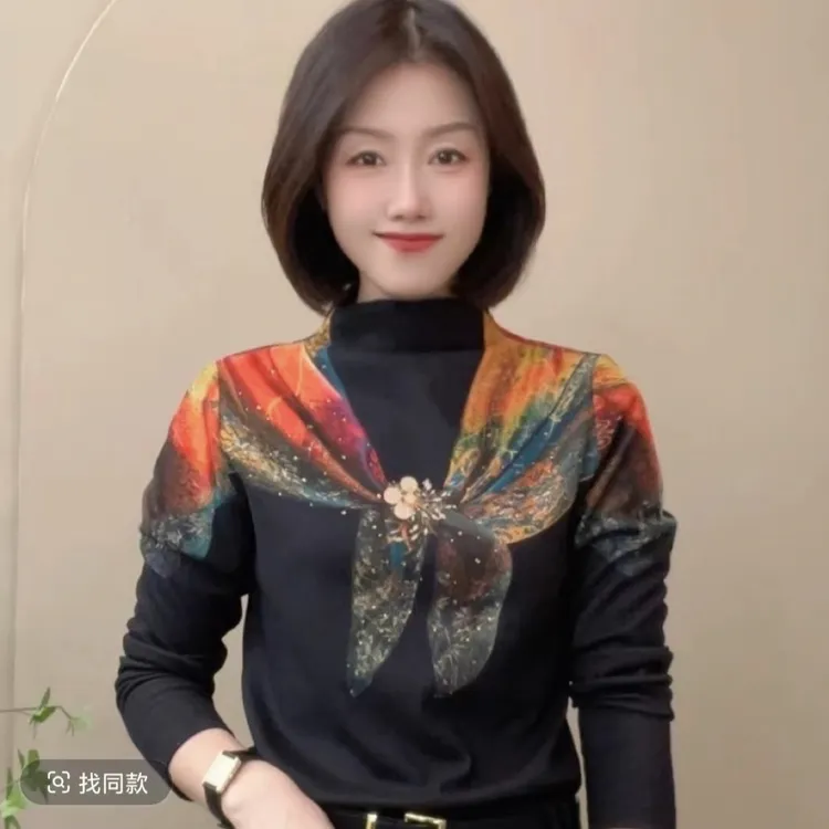 秋季新款半高领立体印花长袖百搭洋气时尚显瘦修身打底衫女3680