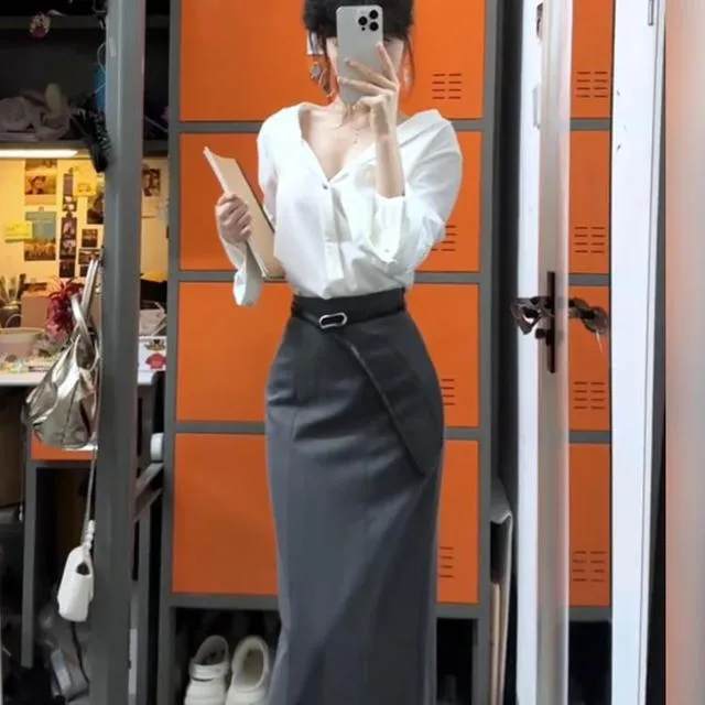 高级感白色v领长袖衬衫女春季通勤百搭气质半身长裙御姐两件套装