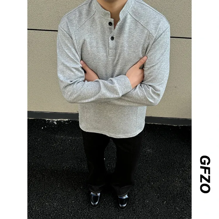 果冻棉亨利领T恤男款纯色cleanfit长袖设计感高级感正肩上衣潮