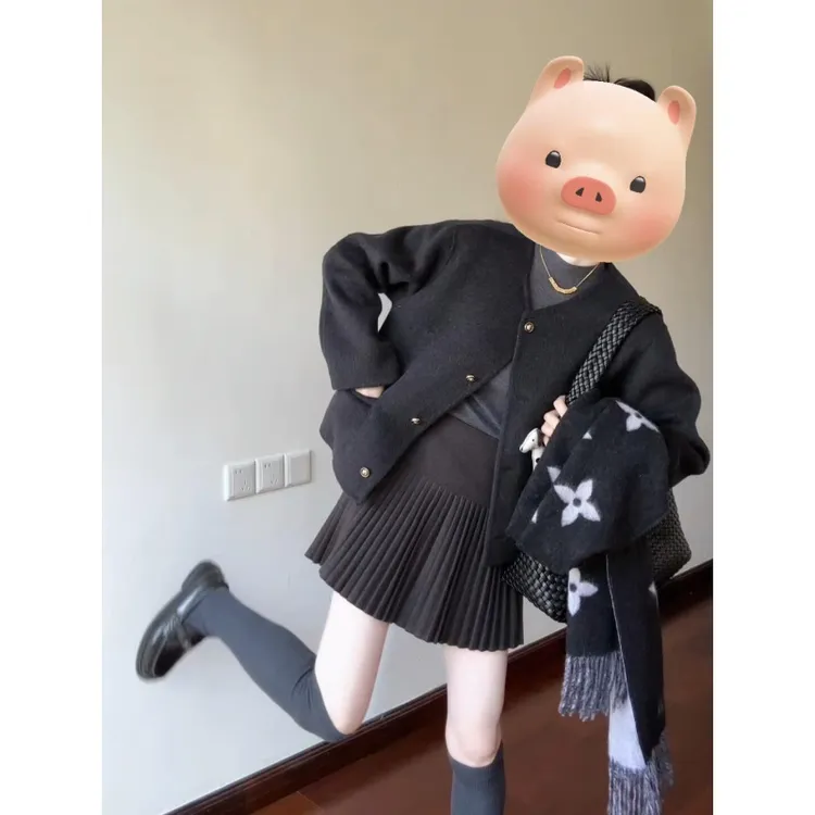 MARIE.COCO韩系复古黑色毛呢外套秋冬新款宽松显瘦高级感百搭上衣