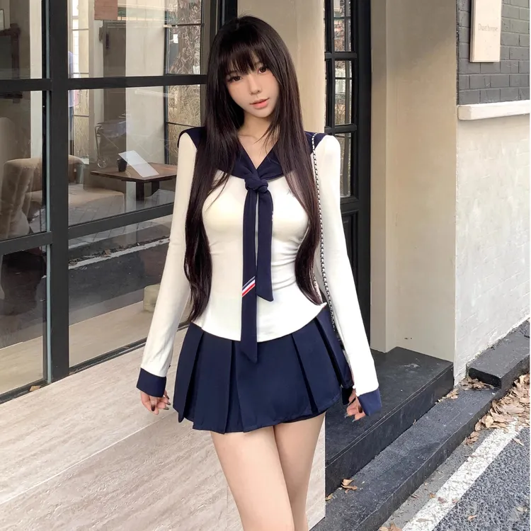 纯欲辣妹修身长袖套装春夏设计感披肩T恤短裙时尚气质新款三件套