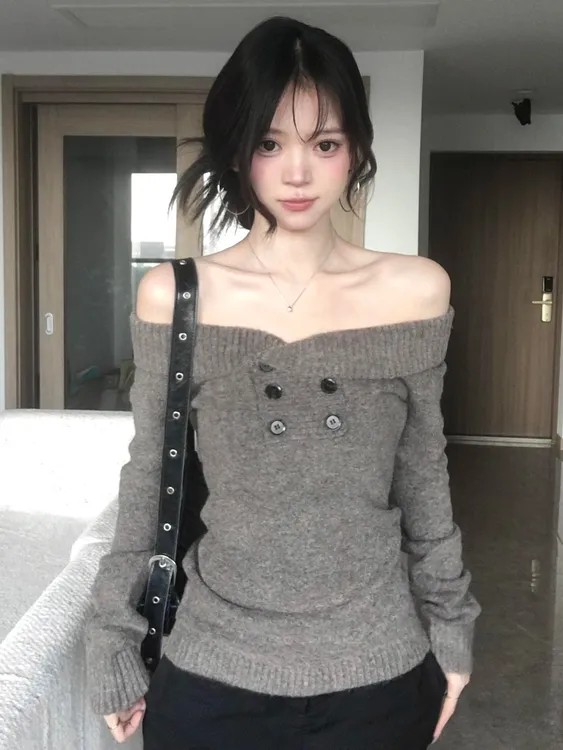 韩系新款气质一字肩毛针织衫秋冬季辣妹性感露肩百搭毛衣上衣