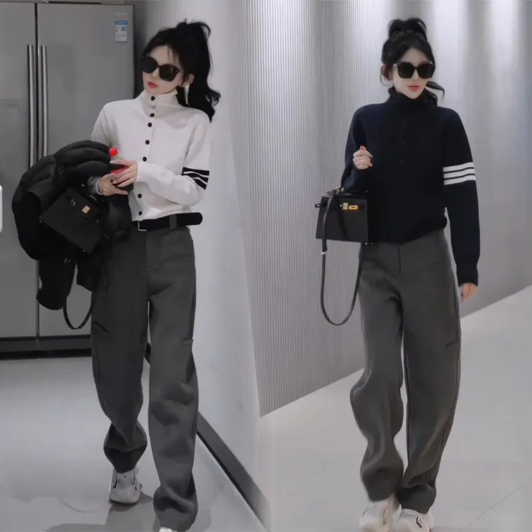 2025秋装新款休闲风显瘦穿搭高领长袖毛衣针织开衫毛呢直筒裤套装