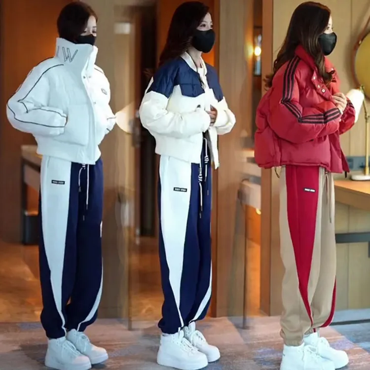 立领字母棉服女防寒保暖拼接加绒裤子冬季新款洋气气质减龄两件套