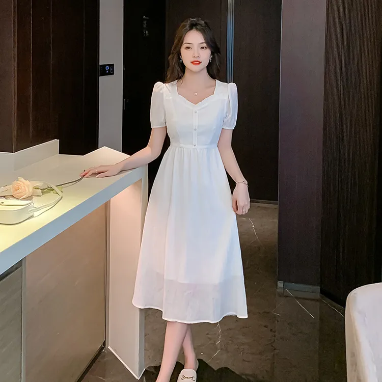 2024新款法式收腰显瘦连衣裙女夏季甜美气质荷叶边领中长款裙