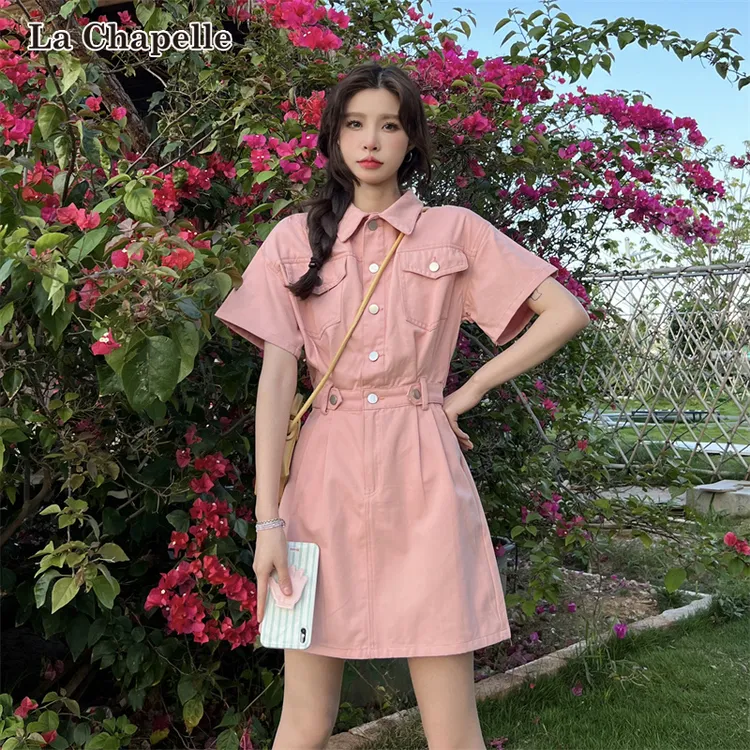 拉夏贝尔短袖牛仔连衣裙女夏季新款收腰显瘦气质小个子a字短裙子