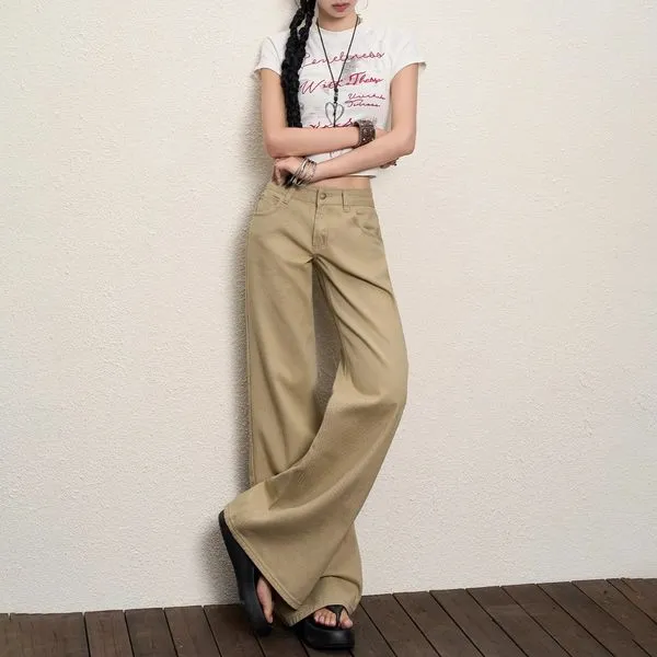 美式复古卡其色低腰牛仔裤女2025夏秋新款辣妹不贴腿微喇阔腿长裤