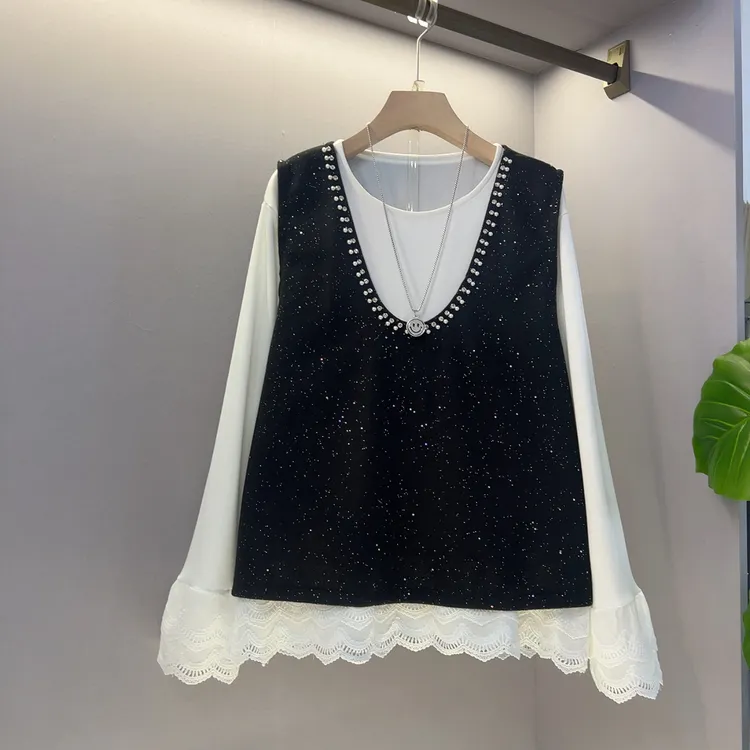 时尚套装韩版宽松重工钉珠欧货内搭打底衫马甲两件套