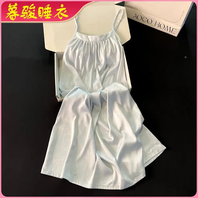 冰丝睡衣女夏季吊带睡裙带胸垫仿丝绸薄款凉感大码蓝色裙子家居服