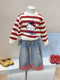 女童秋装条纹KT猫卡通毛衣牛仔裤套装女宝洋气毛线衫上衣两件套