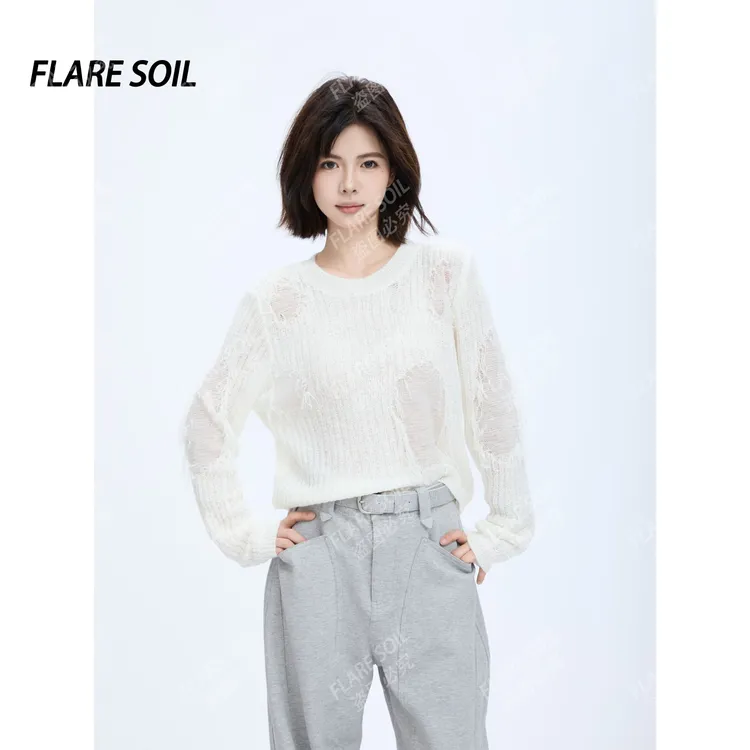 【FLARE SOIL】（现货）圆领针织衫破烂风长袖毛针织衫套头款 T4497A