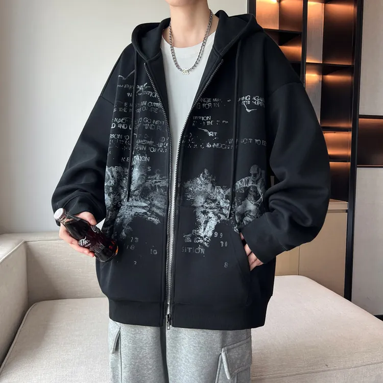 青少年针织夹克男春秋季连帽宽松休闲初高中学生卫衣外套运动衣服