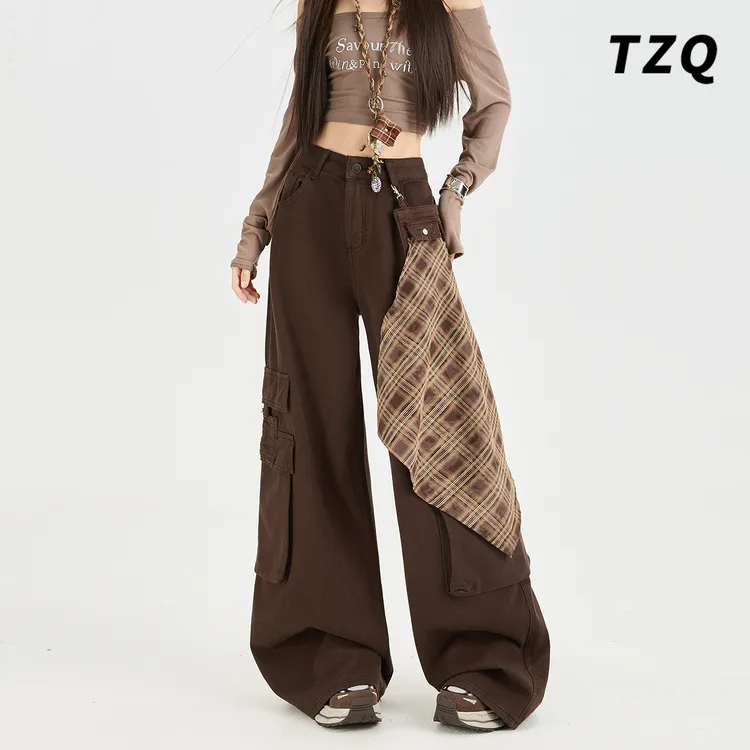 复古美拉德屁帘工装牛仔裤女款爆款2025秋季新款宽松拖地阔腿裤子