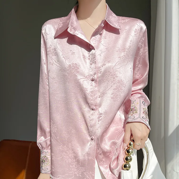 新中式醋酸缎面提花衬衫女2025春季新款复古风唐装上衣长袖衬衣