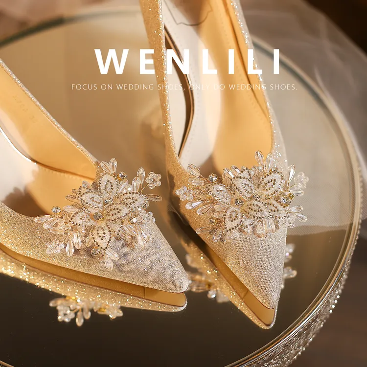 【新品花嫁】法式水钻花朵酒杯跟新娘婚鞋女敬酒秀禾婚纱两穿高跟鞋