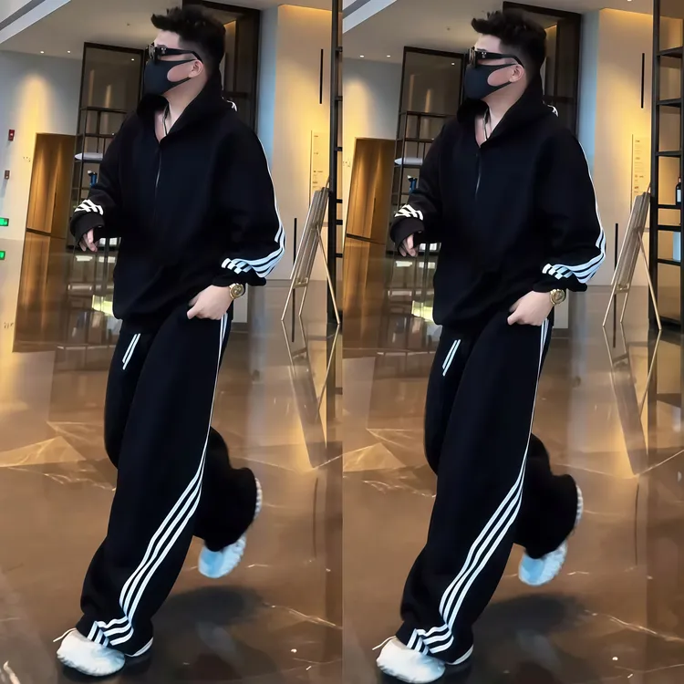 秋季美式潮牌条纹休闲运动套装男半拉链重磅连帽卫衣阔腿裤两件套