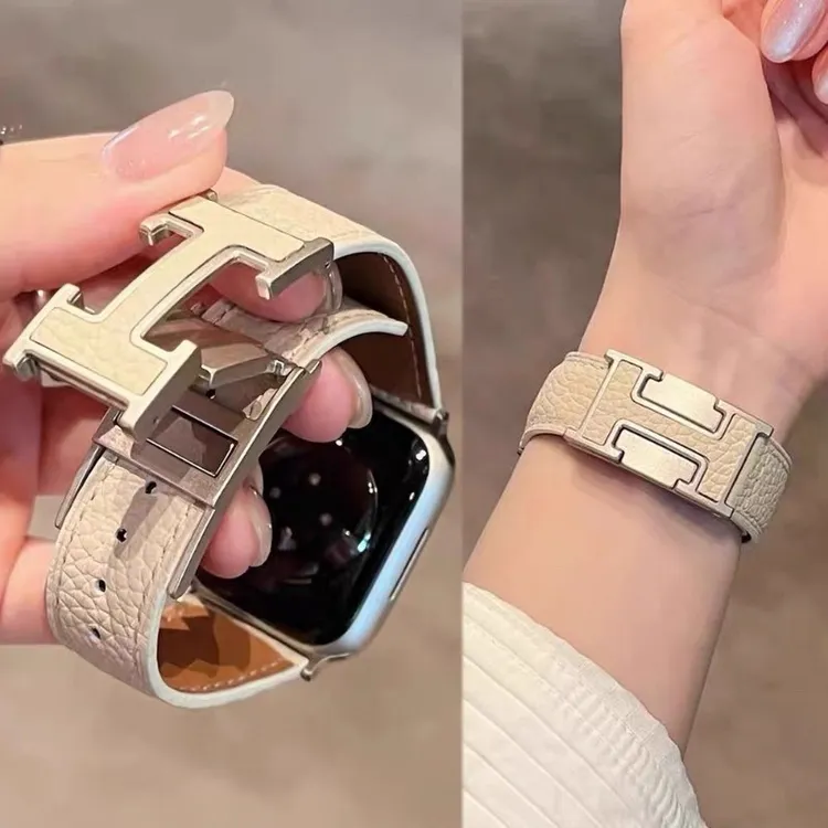 适用iWatch苹果手表带S10/9/8真皮爱马仕表带AppleWatchSE2表带女