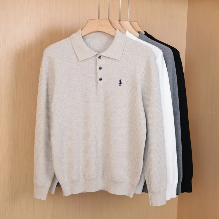 老钱纯棉小马刺绣长袖针织polo衫男士休闲通勤肌理感翻领毛衣秋冬