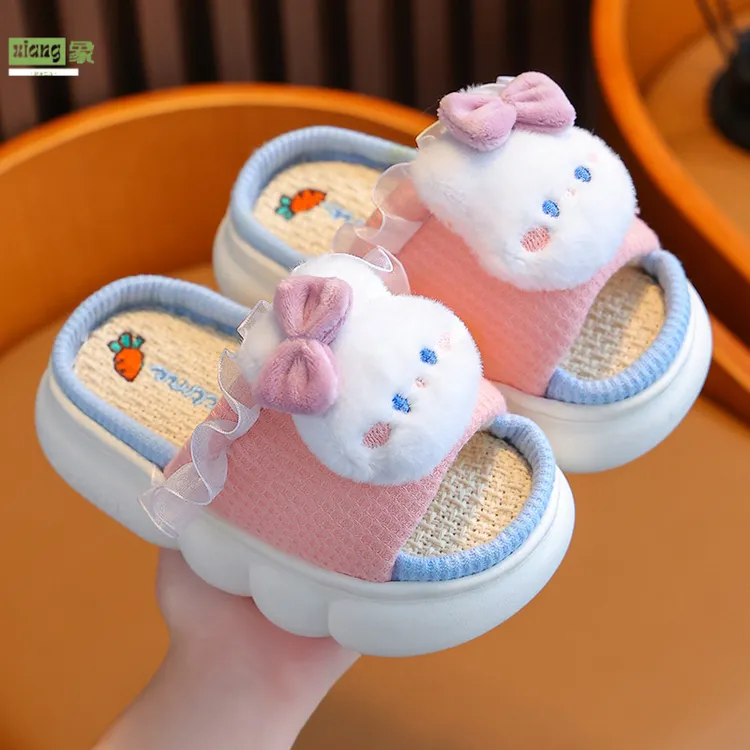 儿童亚麻拖鞋春秋女童公主居家防滑厚底四季家用小孩宝宝地板拖鞋