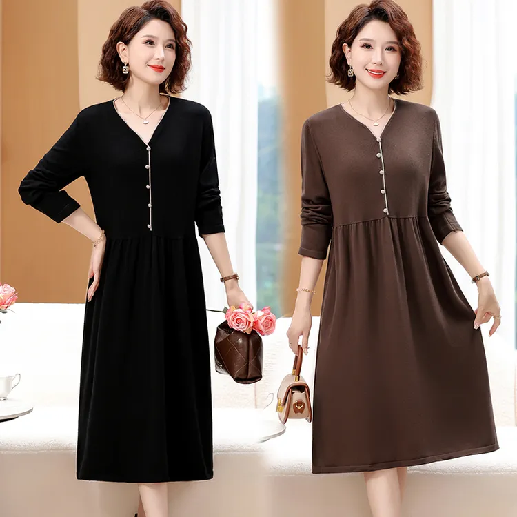 加肥加大码秋冬针织毛衣中长款衣裙打底妈妈过膝长款连衣裙裙子