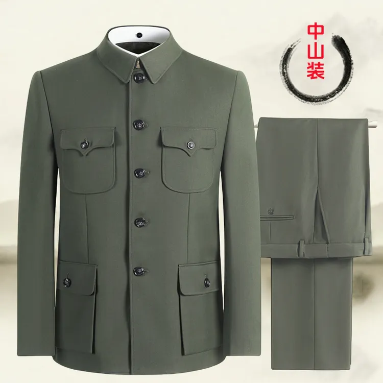 新款中老年高档中山装男套装老人爷爷装秋冬外套爸爸装中山装男款